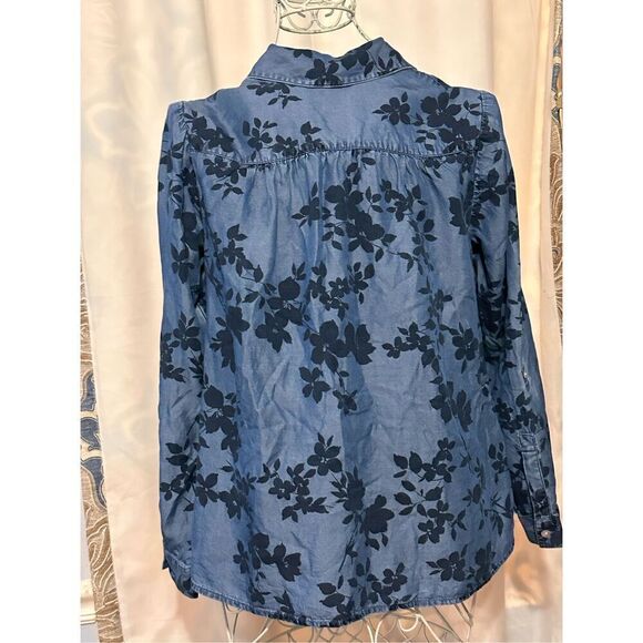 Soft beautiful women J. Jill Tencel Denim Floral Half Button Popover Collar Shir - Picture 7 of 8